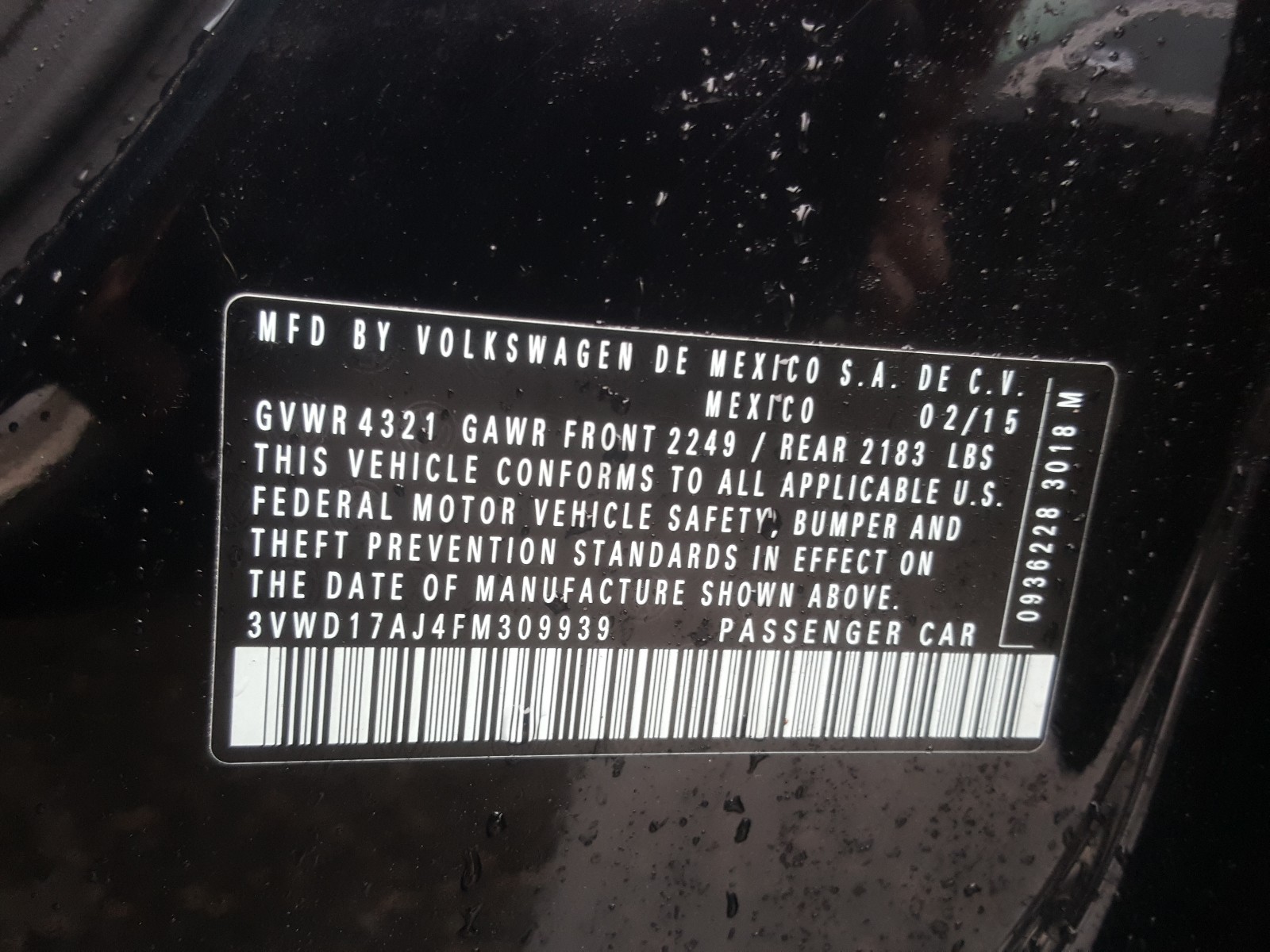 Volkswagen Jetta SE 2015 VIN 3VWD17AJ4FM309939