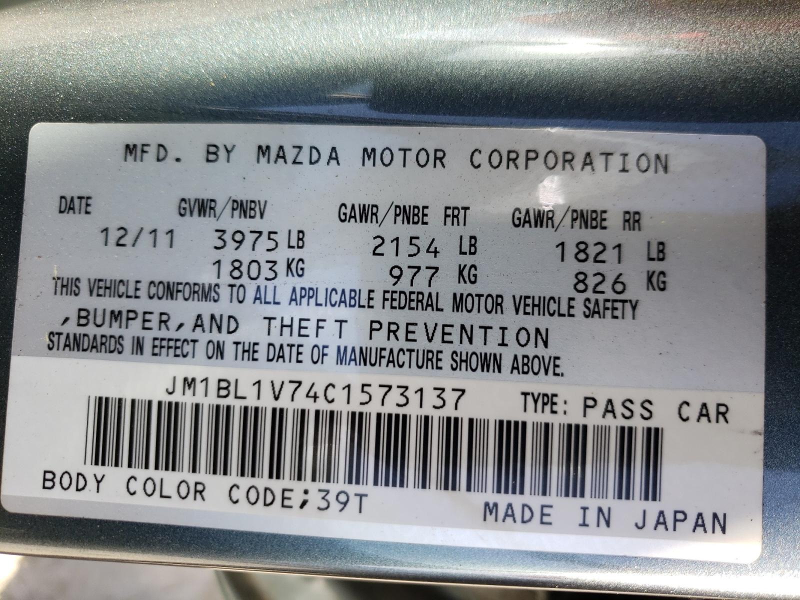 Mazda 3 I 2012 VIN JM1BL1V74C1573137